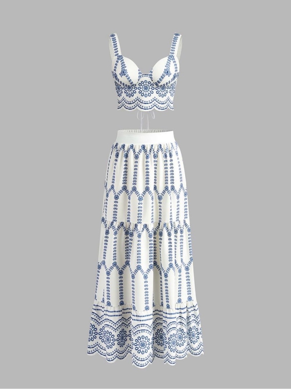 Commense White Maxi Dress with Blue Embroidered Set
